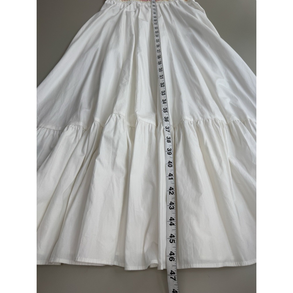 White Smocked Milkmaid Dress Sz S Cottagecore Puff Sleeve Rainbow Stitch Maxi - Picture 4 of 9